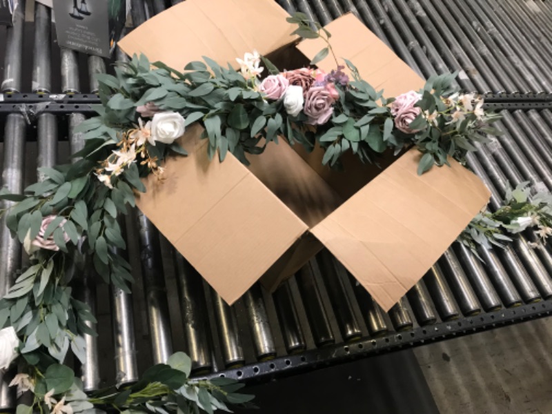 Photo 2 of Artificial Wedding Flower Garland Decorations: 9Ft Long Eucalyptus and Willow Leaf Garland with Rose Flowers - Faux Floral Garland for Backdrop Arch Boho Decorations Bouquet Tables Runner Purple White