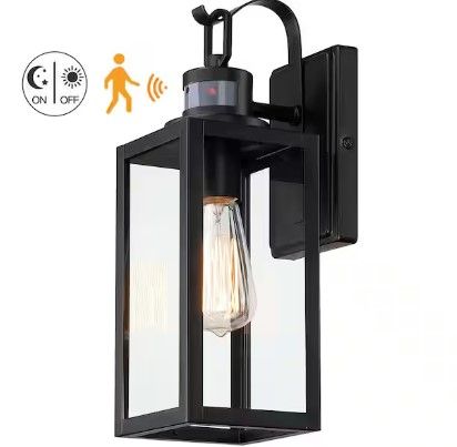 Photo 1 of 15 in. 1-Light Matte Black Motion Sensing Outdoor Wall Lantern Sconce Dusk to Dawn with Clear Glass
