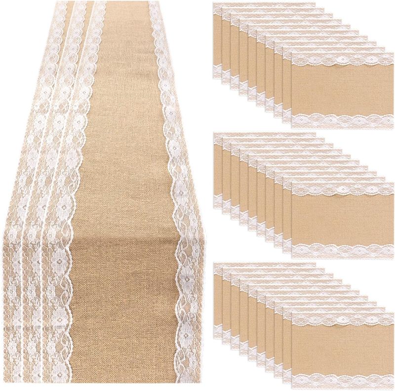 Photo 1 of 35 Pack Burlap Table Runners and Placemat, White Lace Table Runner Rustic Country Wedding Decor Vintage Romantic Jute Place Mats Party Favors for Engagement Hotel Home Table Decorations, 12 x 108 Inch
