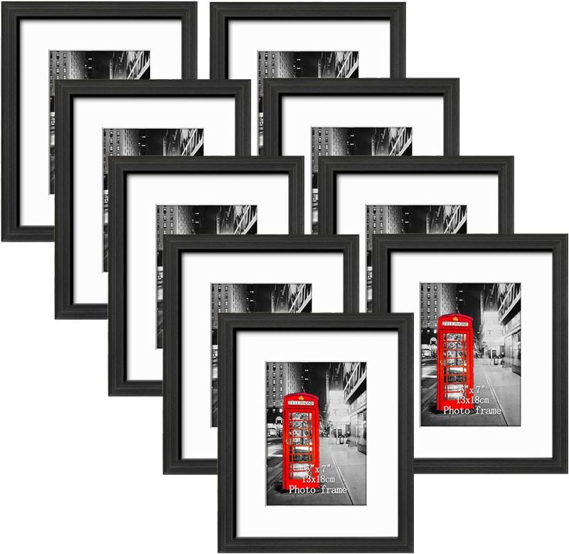 Photo 1 of 8x10 Picture Frame Set of 9, Made to Display Photos 5x7 with Mat or 8x10 Without Mat for Wall and Tabletop Black Frames