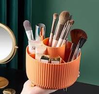 Photo 1 of Desktop 360° Rotating Pen Holder Cosmetic Compartment Large Capacity Organizer Dressing Table Stationery Pen Holder Shelf High Value Large Capacity Open Design Reasonable Classification (orange)