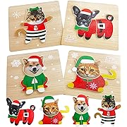 Photo 1 of 4 Pack Christmas Wooden Puzzles,Dog Cat Jigsaw Puzzles for Kids Educational Preschool Toys Christmas Toys Party Favors Xmas Decorations(Christmas)