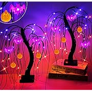 Photo 1 of [ Orange & Purple ] 2 Pack Halloween Spooky Tree Decor with Timer 48 LED Lighted DIY 6 Pumpkins & 6 Bats 18 Inch Battery Operated Tabletop Artificial Black Tree