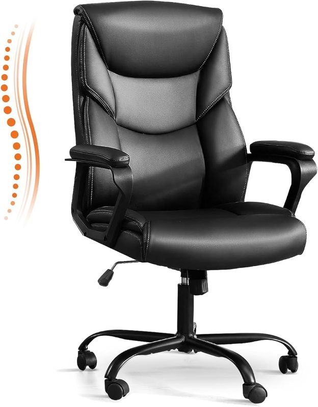 Photo 1 of Sweetcrispy Home Office Chair, Leather Computer Desk Chair with Armrests, Adjustable Swivel Rolling Chair with Wheels, Lumbar Support, Black
