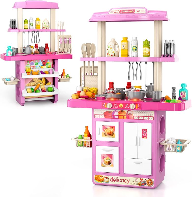 Photo 1 of Kids Kitchen Playset for Toddlers Girls, 2-in-1 Toy Kitchen Sets Pretend Play Food Toys for Kids Girl Ages 3 4 5 6 7 8, 73 PCS Play Kitchen Playset with Light Sound Spray BBQ, Toy Kitchen for Toddler
