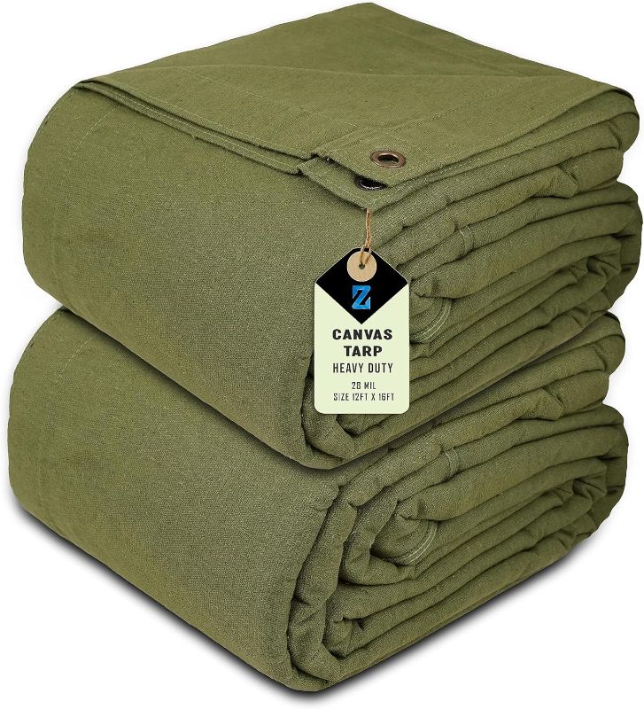 Photo 1 of Zuperia 2 Pack Canvas Tarp 10' x 12' ft, 28 MIL, with Rustproof Grommets, Waterproof, Heavy Duty Multipurpose Tarpaulin Cover for Canopy Tent, Roof, Camping, Woodpile (Tan) 10' x 12' ft - 2 Pack Tan