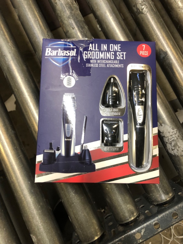 Photo 2 of Barbasol Portable Battery Powered All in 1, 7 Piece Beard Grooming Set with Ear and Nose Trimmer, Foil Shaver and Beard Trimmer with Stainless Steel Blades and Stand
