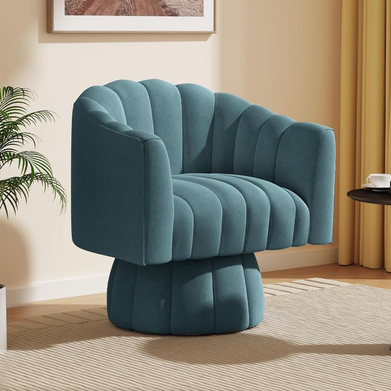 Photo 1 of Dewhut Mid Century 360 Degree Swivel Cuddle Barrel Accent Sofa Chairs, Round Armchairs with Wide Upholstered, Fluffy Velvet Fabric Chair for Living Room, Bedroom, Office, Waiting Rooms, (Blue)
