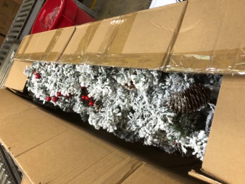 Photo 2 of 6.5ft Prelit Pencil Christmas Tree Snow Flocked Artificial Slim Christmas Tree 250 Warm White Lights 550 Full Snow Branch Tips Pinecone Red Berries White Xmas Tree Holiday Christmas Decoration Indoor Snow Flocked-warm Lights