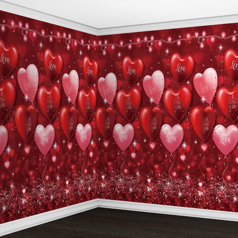 Photo 1 of 3Pcs Valentines Day Backdrop Decorations,Large Plastic Red Hearts Balloons Love Sign Banner Photography Background Sign for Engagement Weeding Birthday Valentine’s Day Party Decor,54 x108 inches
