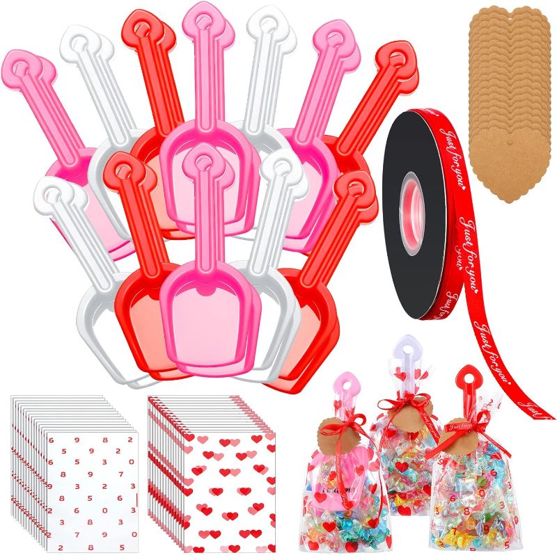 Photo 1 of 174 Pcs Valentine's Day Plastic Shovel Set Includes 24 Plastic Toy Shovels, 25 Candy Bags 1 Roll of Red Ribbon 24 I Dig You Labels Stickers and 100 Heart Gift Tags for Valentine's Party Favor Gifts
