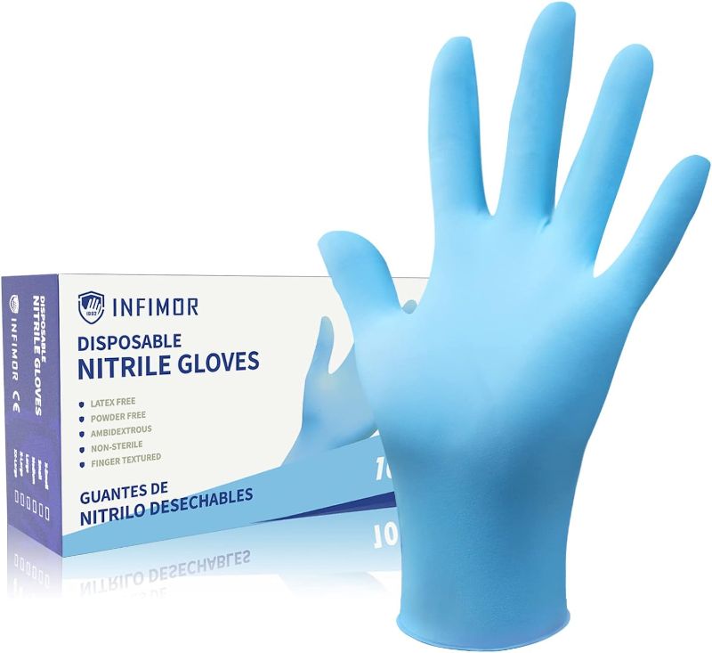 Photo 1 of 
Infimor Disposable Nitrile Gloves Powder & Latex Free 3 mil Non-Sterile Nitrile Exam Gloves Light Duty Cleaning Gloves, Large, Box/100