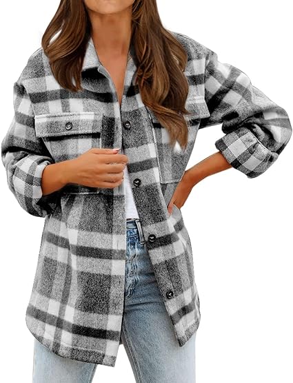 Photo 1 of BTFBM Women's Long Sleeve Button Down Jackets Plaid Flannel Shirts Tops Casual Lapel V Neck Oversized Shackets Blouses Top