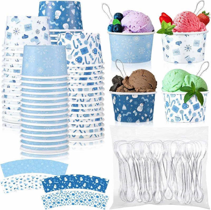 Photo 1 of 
Gerrii 100 Set Winter Party Ice Cream Cups with Spoons 5oz Blue Disposable Paper Dessert Cups Ice Cream Containers Yogurt Soup Snack Soup for Birthday Baby...