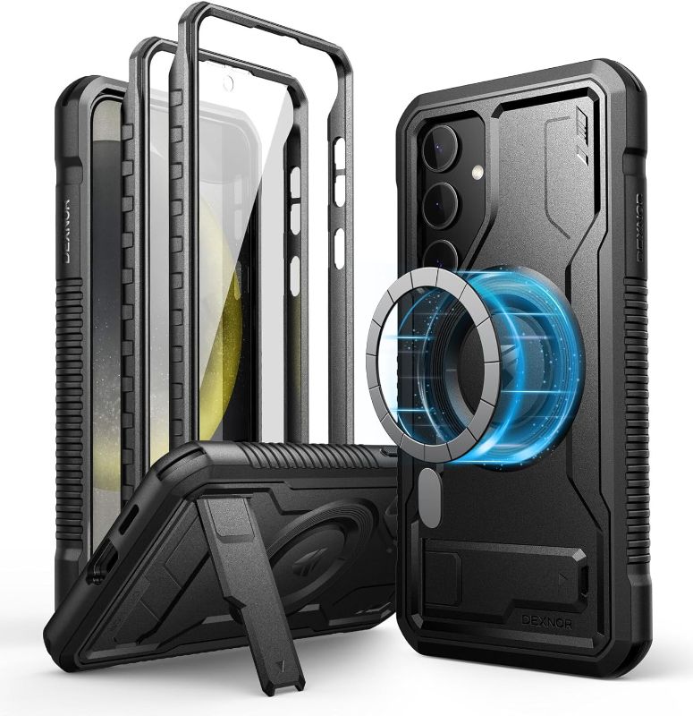 Photo 1 of Dexnor Magnetic Case for Samsung Galaxy S24 Case with Kickstand & 2 Front Frames, Built-in Screen Protector, Compatible with Magsafe, Rugged Shockproof Full-body Protective Cover for Galaxy S24, Black