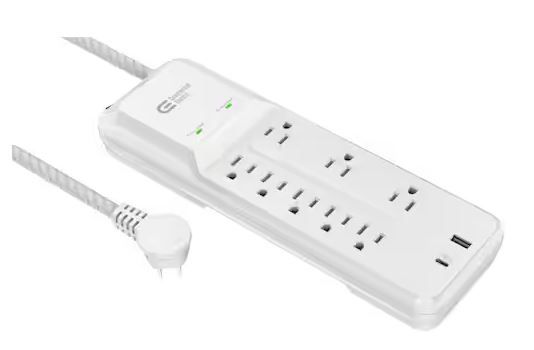 Photo 1 of 12 ft. Braided Cord 8-Outlet Surge Protector with USB, White