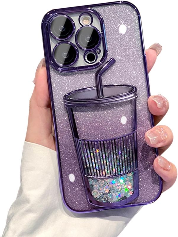 Photo 1 of *** BUNDLE OF 2 *** 3D Bling Sparkle Plating Juice Bottle Designer Phone Case Compatible with iPhone 14 Pro Max, Cute Liquid Floating Gradient Glitter Quicksand Cup Phone Case with Camera Protection for Women - Purple