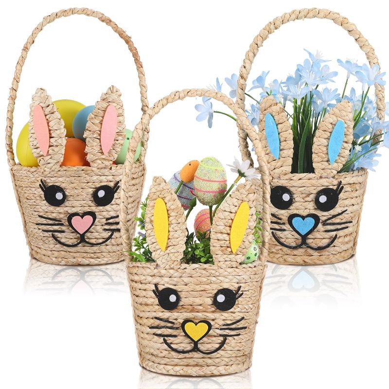 Photo 1 of 3 Pack Easter Basket Easter Bunny Woven Basket with Handle Wicker Easter Gift Basket for Kids Easter Rabbit Candy Eggs Baskets for Egg Hunt Party Gifts Storage, 3 Sizes