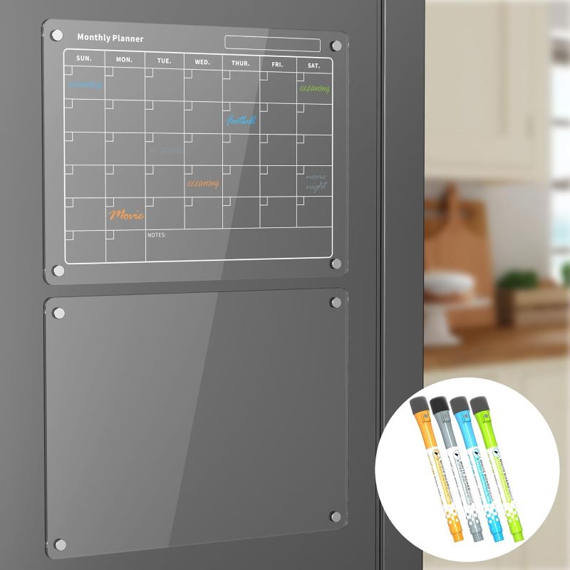 Photo 1 of Acrylic Magnetic Dry Erase Board Calendar for Kitchen Fridge,Clear Monthly and Whiteboard Planner for Refrigerator,15.8"x11.9" Reusable Planning Boards,Includes 4 Colors Dry Erase Markers
