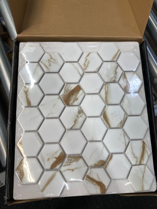 Photo 2 of Calacatta Gold Hexagon 12 in. X 13 in. Matte Mosaic Porcelain Tile (14.85 Sq. Ft./Case)