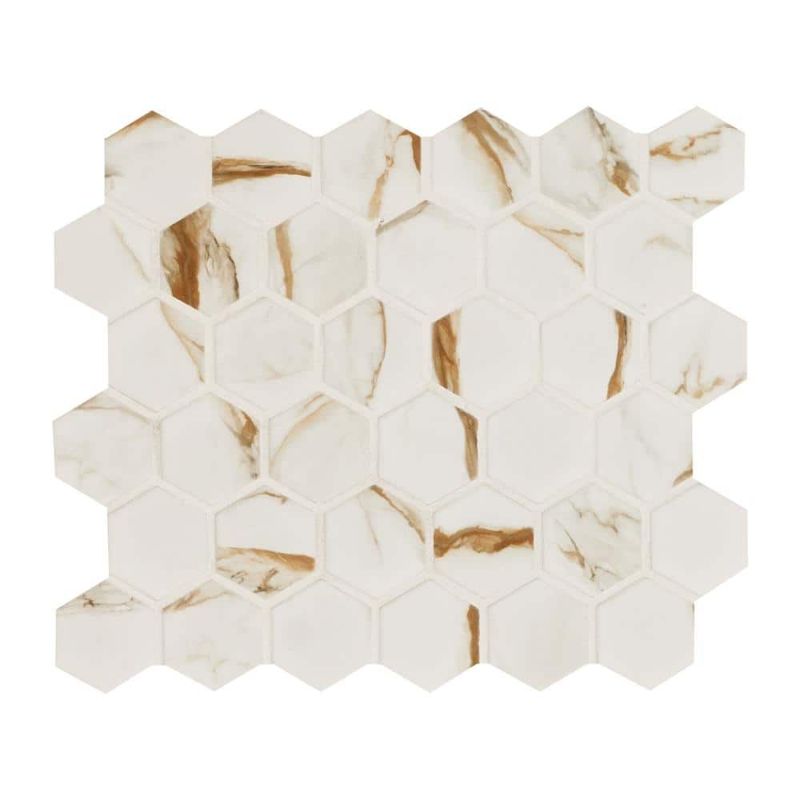 Photo 1 of Calacatta Gold Hexagon 12 in. X 13 in. Matte Mosaic Porcelain Tile (14.85 Sq. Ft./Case)