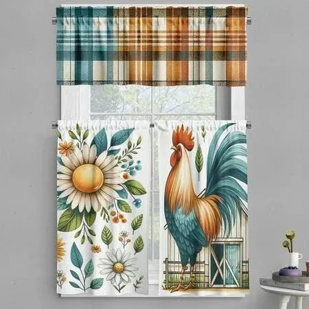 Photo 1 of Ambesonne Farmhouse Valance & Curtain 3 Pcs Set, Rooster Daisy and Plaid, 55"x45", Cadet Blue and Orange
