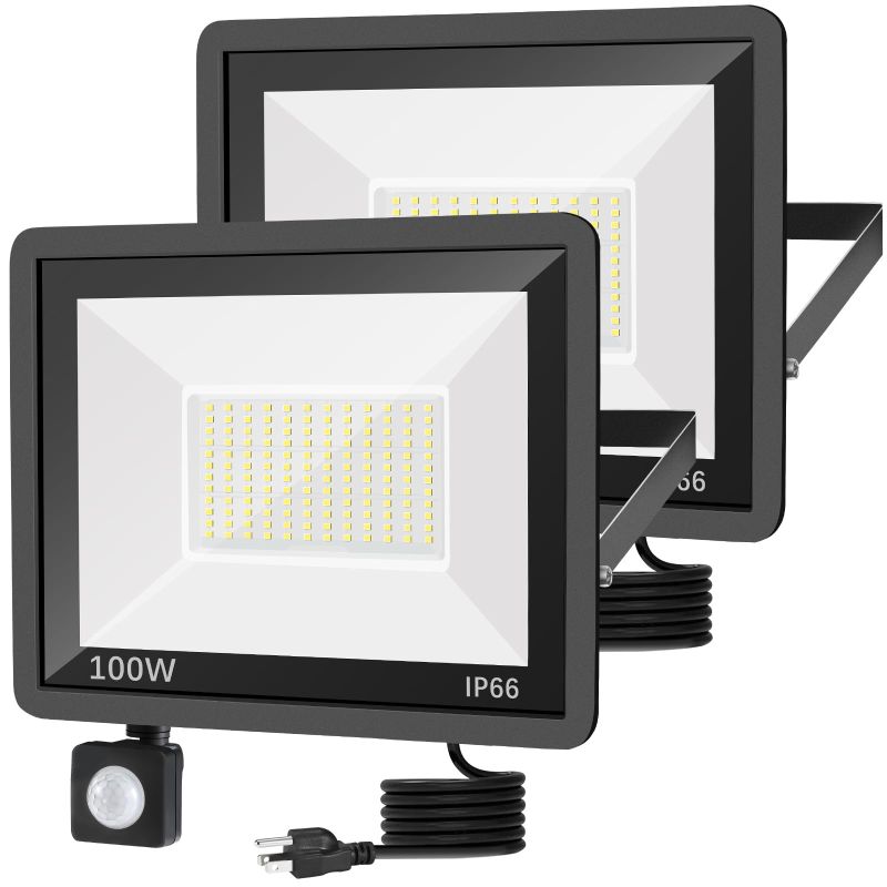 Photo 1 of 2 pack 100W LED Motion Sensor Flood Light,LED Work Light with Plug,IP66 Waterproof Floodlights Outdoor 5000K Daylight White 11800 lumens Super Bright Security Light for Garage,Front Porch,barn 100W LED Motion Sensor Flood Light 2pack