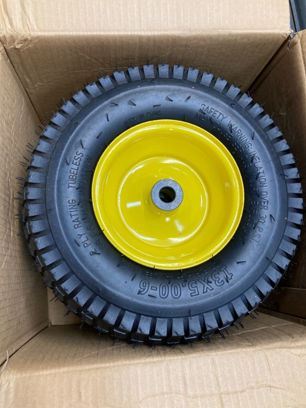 Photo 2 of (2 Pack) AR-PRO Exact Replacement 15" x 6.00-6" Front Tire and Wheel Assemblies for John Deere Riding Mowers - Compatible with John Deere 100 and D100 Series - 3” Centered Hub and 3/4” Bushings 15 x 6.00-6" Yellow