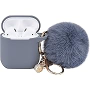 Photo 1 of Alaskan Blue Case for Women Cute Case Designed for AirPods Cover with Pom pom, Silicone Protective Keychain Case Compatible with AirPods 1/2, Accessories Keychain and Pom pom