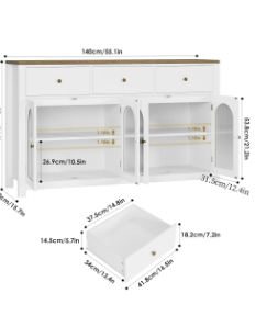 Photo 1 of Homfa 55'' Large Sideboard Buffet Cabinet, Kitchen Storage Cabinet with 3 Drawers and 4 Glass Doors, Wood Coffee Bar Cabinet for Living Room, White