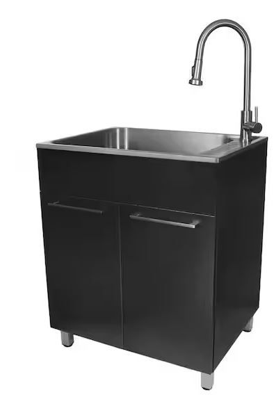 Photo 1 of 28 in. W x 22 in. D Stainless Steel Laundry/Utility Sink with Faucet and Double Door Cabinet in Black