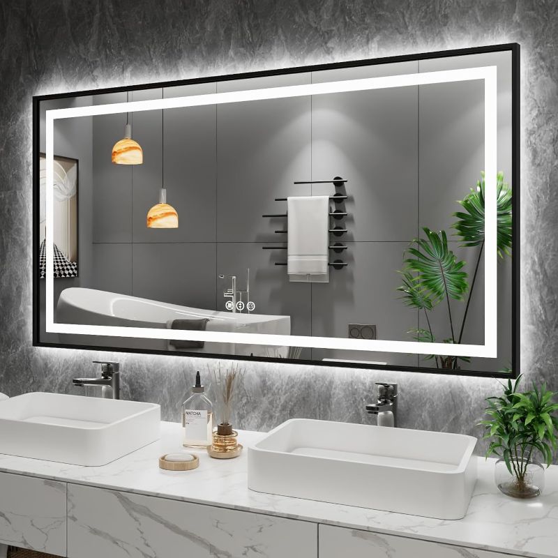 Photo 1 of Amorho 50"x 36" LED Bathroom Mirror with Black Frame, Front Light and Backlit, Stepless Dimmable, Anti-Fog, Shatter-Proof, Memory, 3 Colors, Double LED Vanity Mirror