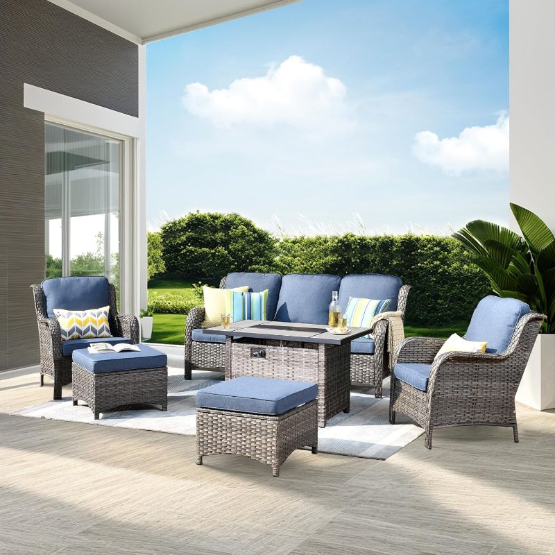 Photo 1 of ***see notes***ovios Patio Furniture Sets 6 Pieces All Weather PE Wicker Rattan Outdoor Sectional Sofa Couch Conversation Set with Rectangle Fire Pit Table and Ottomans for Yard Porch, Grey Wicker Denim Blue