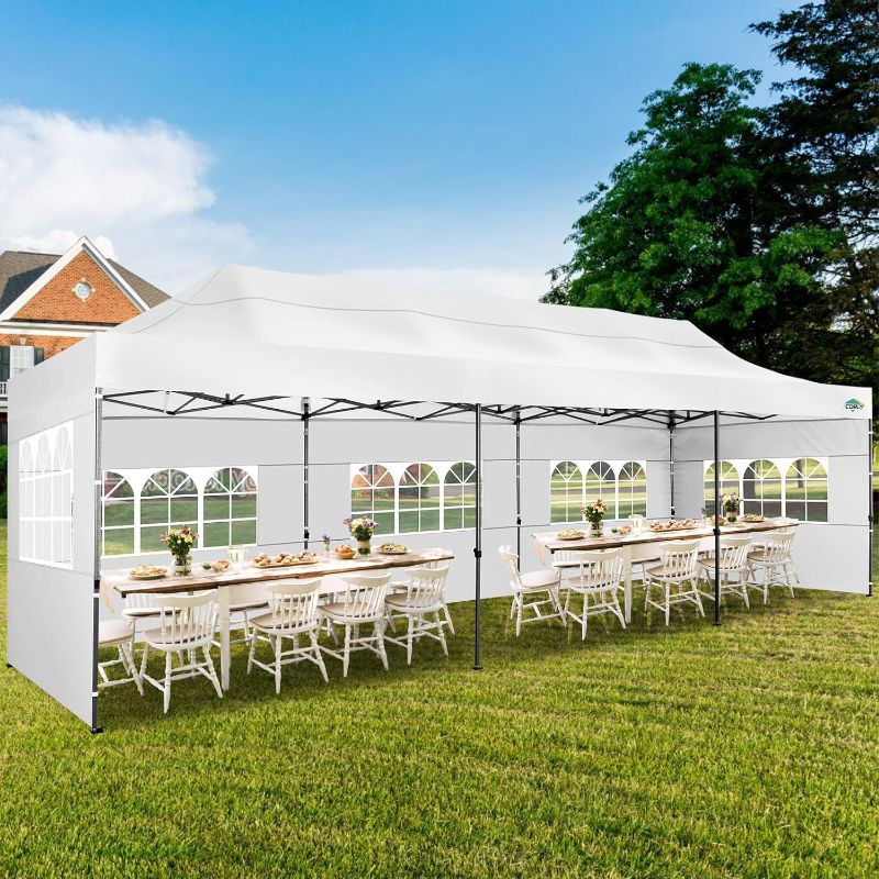 Photo 1 of COBIZI 10x30 Pop up Canopy Tent 10x30 Canopy with Sidewalls, Heavy Duty Party Tent Tents for Parties, Foldable UPF 50+ Waterproof Commercial Easy up Canopy with Roller Bag, White(Windproof Upgraded)