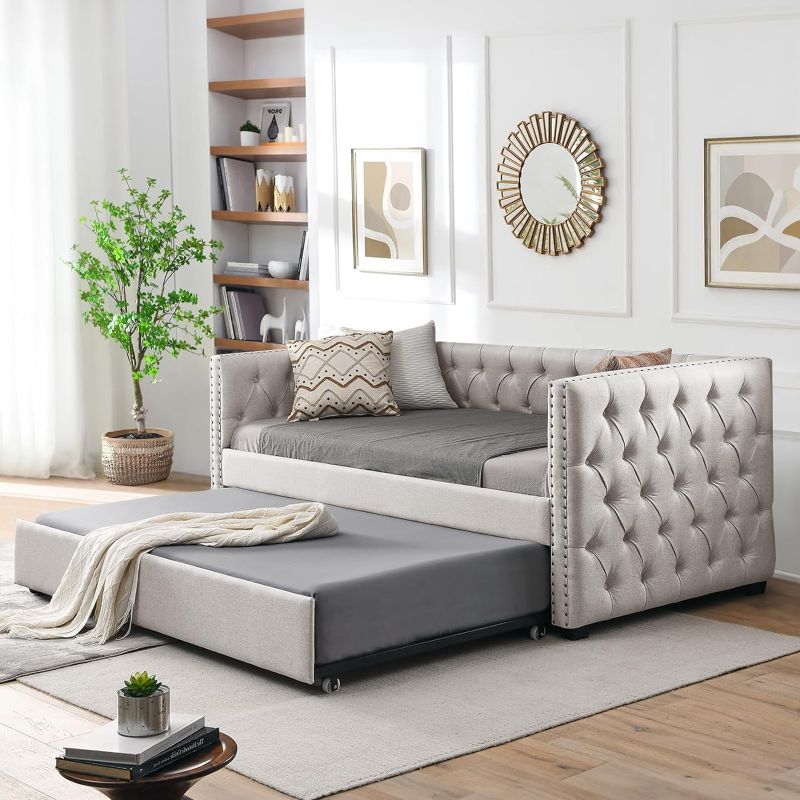 Photo 1 of ****ONLY BOX 1 OF 2****Upholstered Linen Daybed with Trundle - Button-Tufted Twin Size Sofa Frame, No Box Spring Needed, for Bedroom, Living Room, Guest Room (Beige)