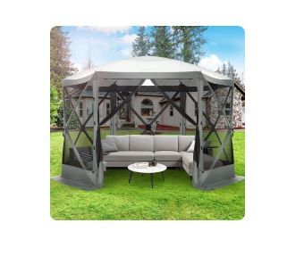 Photo 1 of Hoteel 12x12ft Pop-up Gazebo EZ Set-up Camping Canopy Tent with 6 Sides Mosquito Netting, Waterproof, UV Resistant, Portable Screen House Room, Outdoor Party Tent with Carry bag, Ground Spike, Gray