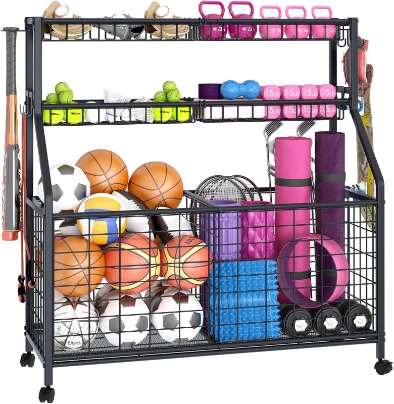 Photo 1 of Ball Storage Rack Large Sports Equipment Organizer Cart For Garage,Home Gym Multifunctional Sports Gear Storage For Indoor Or Outdoor, Ball Rack For Basketball,Baseball, Football, Toys