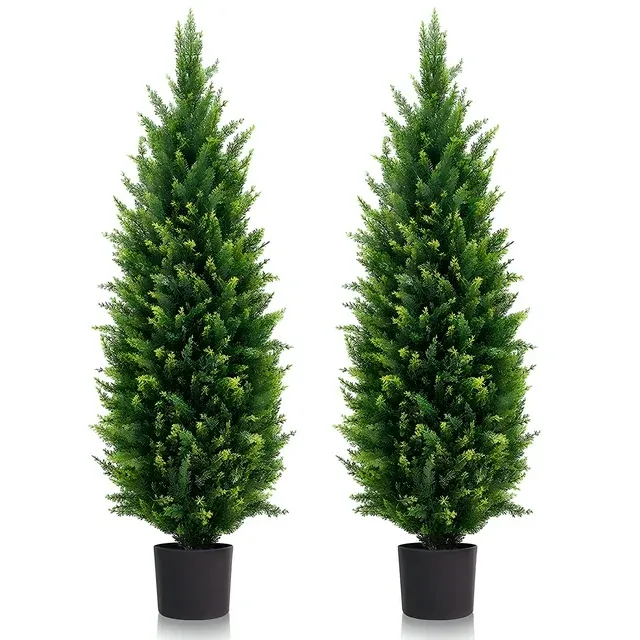 Photo 1 of Artificial Cedar Tree 2 Pack 3 ft Outdoor Artificial Topiary Cedar Plants Fake Tree UV Rated Potted Plants for Porch Decor Faux Pine Tree for Perfect Housewarming Gift