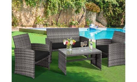 Photo 1 of ***** SEE NOTE****Costway 4PCS Patio Rattan Furniture Set Conversation Glass Table Top Sofa Cushioned Navy