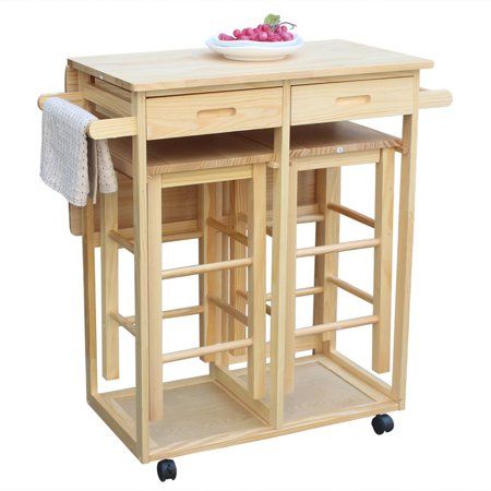 Photo 1 of ***** see note*******Ktaxon Wooden Kitchen Cart Rolling Trolley Island Storage Dinning Table with Stools Set Natural