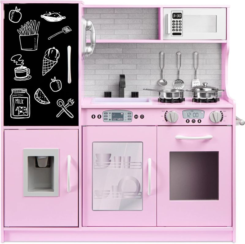 Photo 1 of COCLUB Play Kitchen Wooden Kids Kitchen Playset with Apron Gloves Leaf Light String Cookware Accessories Toy Kitchen Gift for Boys pink   3-8