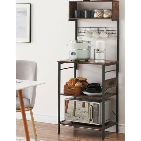 Photo 1 of 5 Tier Microwave Pantry Cart?Behost Baker Rack for Kitchen Cabinet Coffee Bar with Storage and Power Outlet Vintage Brown