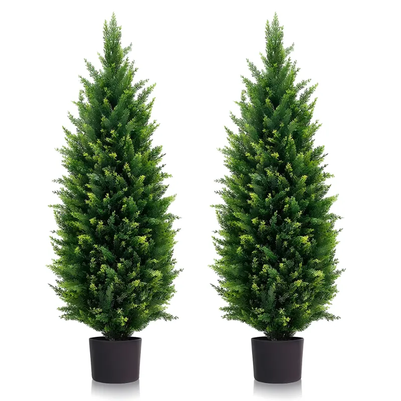 Photo 1 of LINBONIO Artificial Cedar Tree 3 ft Artificial Topiary Trees Beautiful Realistic Faux Cedar Pines UV Protection for Longer Life 2Pack
