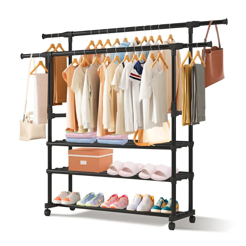 Photo 1 of Doulami 3 Tiers Clothes Rack Double Rods Hanging Garment Rack on Wheels with Bottom Shelves for Shoes Rolling Clothing Rack for Hanging Clothes
