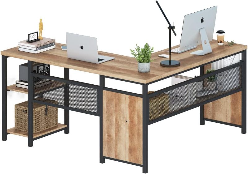 Photo 1 of FATORRI L Shaped Computer Desk, Industrial Rustic Office Desk with Storage, Reversible Wood and Metal Corner Desk for Home Office (Rustic Oak, 59 Inch)