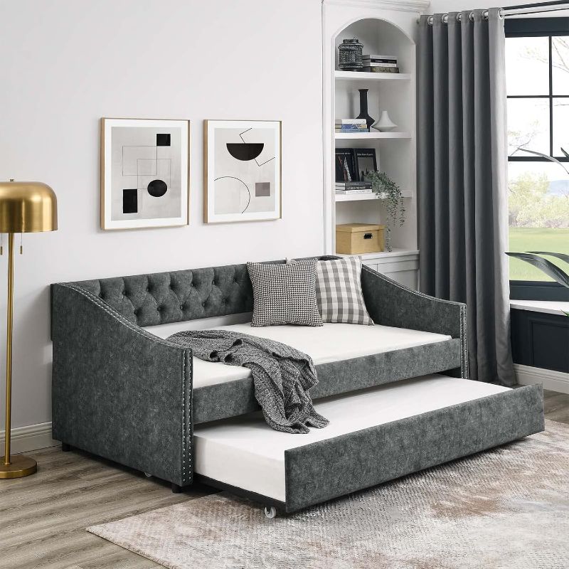 Photo 1 of Antetek Daybed with Trundle, Modern Velvet Upholstered Twin Size Day Bed Button-Tufted Sofa Daybed Frame and A Trundle, No Box Spring Needed, Furniture for Bedroom Living Room Guest Room (Grey, Twin)