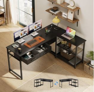 Photo 1 of 53 inch Reversible Office Desk with Power Outlets & USB Ports, Computer Gaming Desk with 3 Drawers, Writing Table with Storage Space