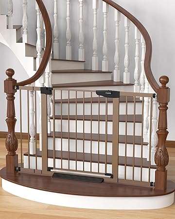 Photo 1 of Cumbor 29.7"-51.5" Baby Gate Extra Wide, Safety Dog Gate for Stairs, Easy Walk Thru Auto Close Pet Gates for The House, Doorways, Child Gate includes 4 Wall Cups, Brown, Mom's Choice Awards Winner