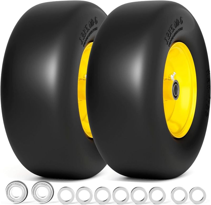 Photo 1 of 13x5.00-6 Flat Free Lawn Mower Tire and Wheel, Smooth Tread Tire for Lawnmower, Installed 3/4" Bearing with Extra 5/8" Bearing, 3.25"-5.9" Centered Hub, 2 PCS