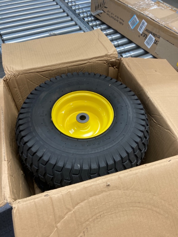 Photo 1 of 2 Pack) AR-PRO Exact Replacement 15" x 6.00-6" Front Tire and Wheel Assemblies for John Deere Riding Mowers - Compatible with John Deere 100 and D100 Series - 3” Centered Hub and 3/4” Bushings